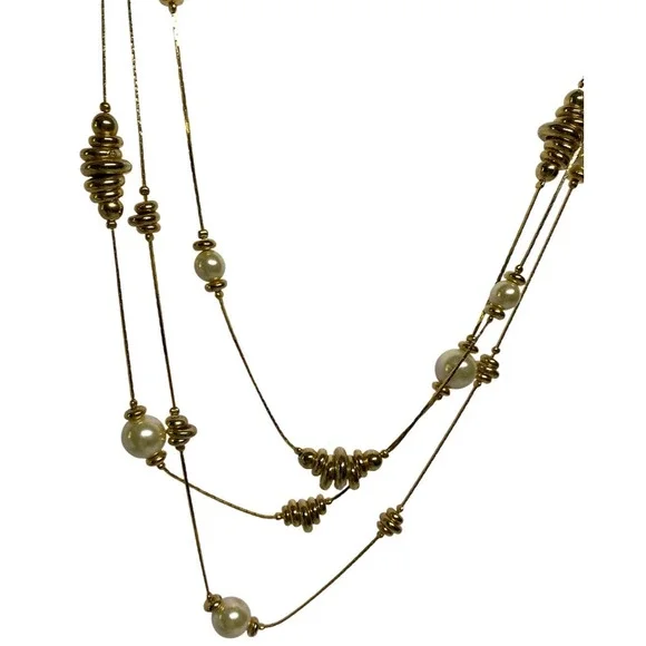 Vintage 70s Multi Strand Faux Pearl Gold Tone Bangle Beads Multi Chain Necklace - Picture 3 of 5